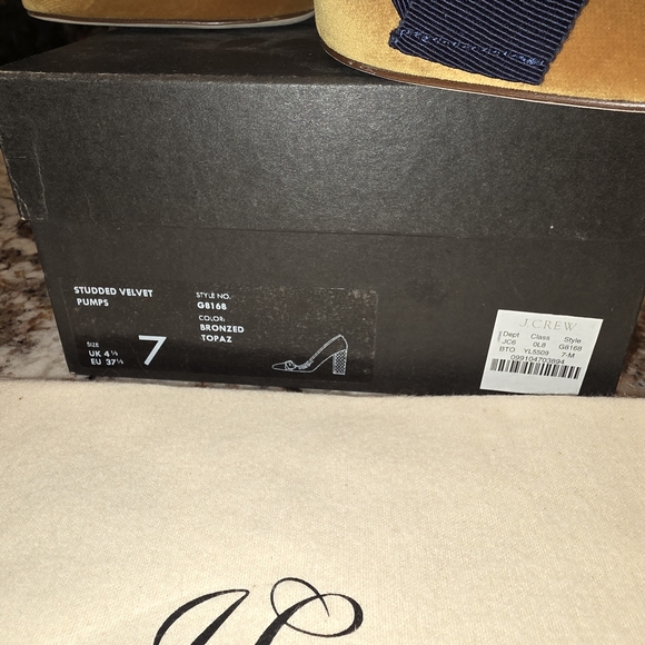 J. Crew Gold and Tan Heels with Navy Accents - Picture 5 of 12